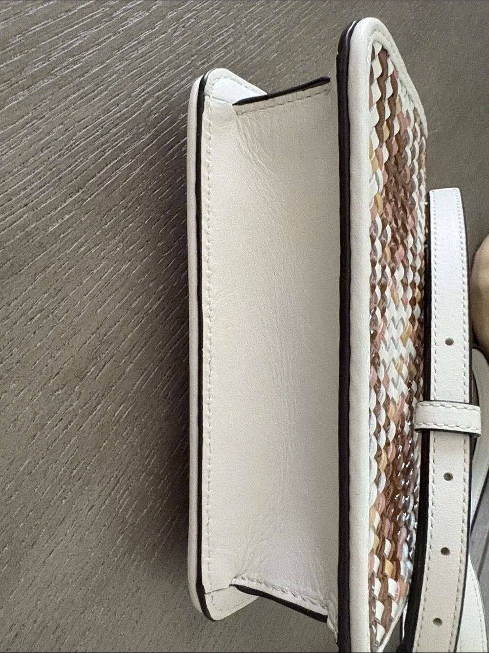 Tory Burch Woven Mini Top-Handle Bag in White, Brown & Pink - Picture 6 of 8